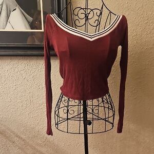 Burgundy V-Neck Long Sleeve Top